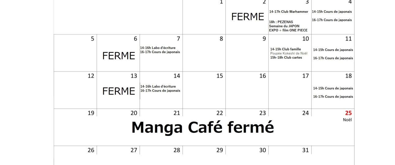 Planning décembre 2022, Activités, Manga Café Kyo'Hon