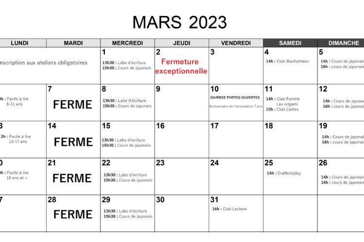 Planning de mars 2023, calendrier, Manga Café Kyo'Hon